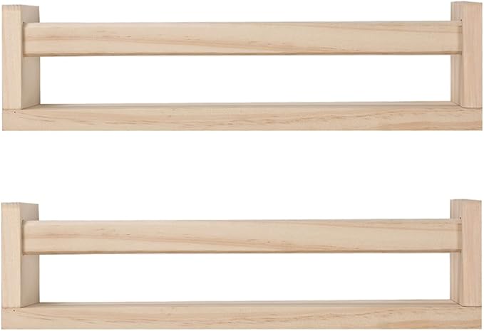 JORIKCHUO Nursery Book Shelves, Set of 2 Wood Floating Book Shelves for Kids Room, Kitchen Spice Rack, or Rustic Wall Mounted Shelves for Farmhouse Bathroom Décor (Natural Wood)