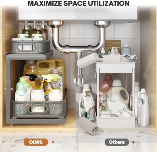 2-Pack 21.3 IN Depth Under Sink Organizer With Next-Gen Ball-Bearing Slides,Sophisticated Mesh 2-Tier Pull Out Shelf for Kitchen & Bathroom,Fits Small Items-Gun Gray