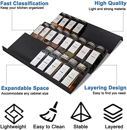 Expandable Spice Drawer Rack Organizer Insert for Kitchen Cabinet - Multi Tier Adjustable Spice Storage Shelf for Seasoning and Jar, Pack of 6