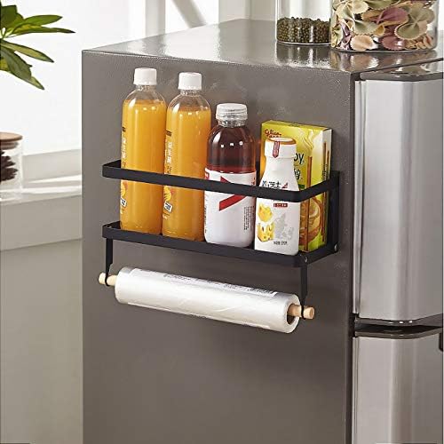 Magnetic Fridge Spice Rack- Space Saving Organizer Black Shelf on Refrigerator, Kitchen Paper Towel Holder, Foldable Design (Black-Small)