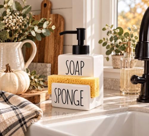 Ceramic Dish soap Dispenser with Sponge Holder Hand and Dish Soap Dispenser Set for Kitchen 2-in-1 Countertop Soap Pump Dispenser for Kitchen Sink, Useful Kitchen Gadgets - Modern Farmhouse White