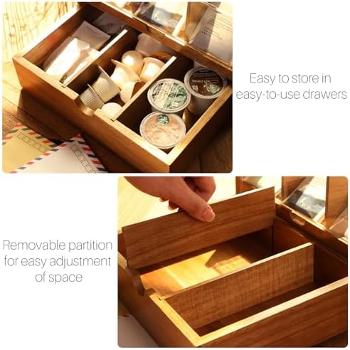 Acacia Wood Tea Organizer 2 Tier with Drawer,Large Capacity