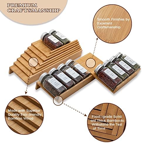Bamboo Spice Rack Drawer Organizer - 8 Pieces Set- 7" Wide Per Piece - Combine Pieces Into 14" Wide Rack (7" or 14")