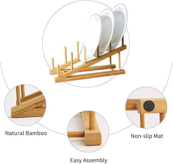 2 PCS Wooden Dish Rack Bamboo Drying Rack Stand Pot Lid Holder Kitchen Cabinet Organizer for Dish Plate Bowl Cup Pot Lid Cutting Board