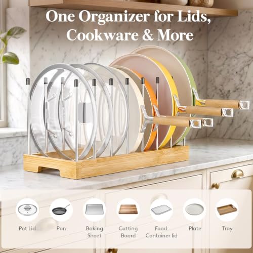 Bamboo Pot Lids Organizer Inside Cabinet, Pan Organizer, 8 Dividers
