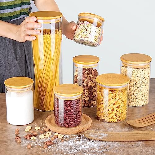 Glass Food Storage Jars, 7 Pack Kitchen Containers with Airtight Bamboo Wooden Lids for Pasta, Cookies, Nuts, Coffee Beans, Cereal, Canisters Set for Flour, Pantry Organization, BPA Free