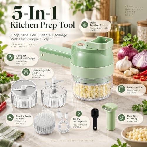 5-in-1 Wireless Electric Vegetable Chopper, Handheld Tool for Chopping, Slicing, Grating and Whisking, Rechargeable Processor with Cleaning Brush for Garlic, chili & Vegetables - Image 2