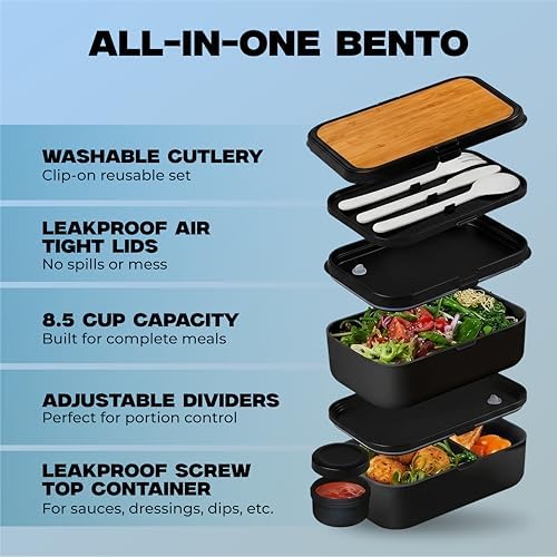 67oz Bento Box Adult, Leak-Proof, Stackable, Meal Prep, Black