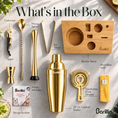 Gold Bartender Kit - Stainless-Steel Cocktail Shaker Set w/Bamboo Stand - Mixology Bar Tools w/Shaker, Drink Mixer Spoon & Muddler for Cocktails - Home Bar Accessories - 10-Pc Bar Set