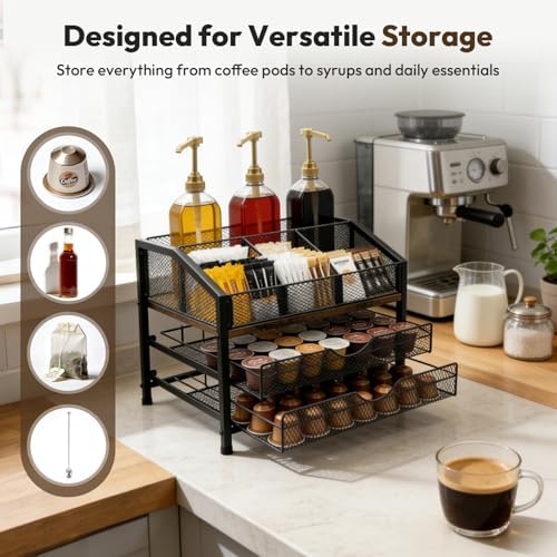 Coffee Bar Organizer with 3 Syrup Pumps, 3-Tier Coffee Station Organizer for Countertop, Rustic Wood & Metal Holder for K Cup, Storage for Coffee Pods, Syrup Bottles, Tea Bags, Cups & Stirrer