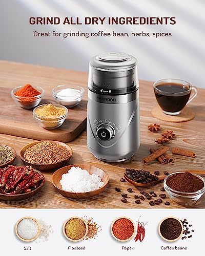 SHARDOR Electric Super Silent Blade Coffee Grinder, Timed Grind Control Rotary Knob, Adjustable Coarse to Fine for Coffee Beans, Spices & Herbs, with 1 Removable Stainless Steel Bowl, Silver - Image 4