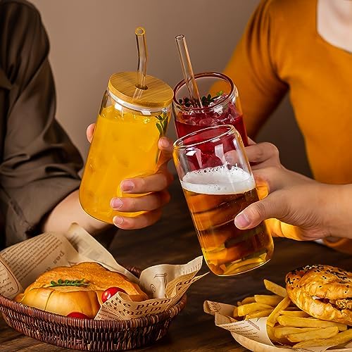 16 Oz Drinking Glasses - 6 Pcs Glass Cups with Bamboo Lids and Straws