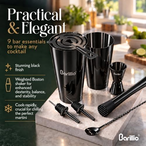 Black Boston Shaker Set - Stainless-Steel, Weighted Martini Cocktail Shaker Set w/Strainer & Mixer - Mixology Bartender Kit - Bar Set for the Home - 9-pc Drink Set - Bar Tools