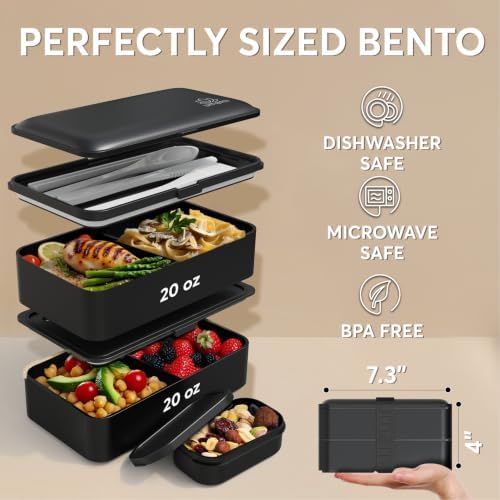 Bento Box Adult All-In-1 w/4 Utensils, Big Sauce Jar, 2 Dividers, 100% Leakproof, Microwave & Dishwasher Safe, Stackable Bento Lunch Box Containers for Men/Women, Matte Black, 40 oz