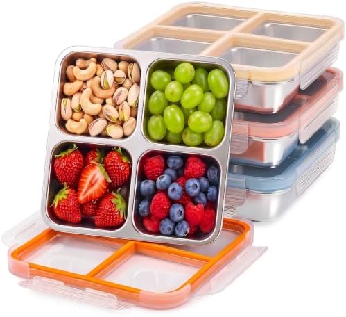 4 Pack Stainless Steel Snack containers, Leak-Proof, 4 Compartments, 3 Cups