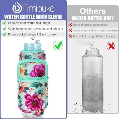 32 oz Water Bottle with Sleeve - BPA Free Leakproof Sport Large 1L Plastic Motivational Water Bottle with Straw Strap & Insulated Neoprene Holder Carrier Bag Great Xmas Gift for Women Men