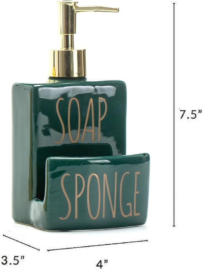 Ceramic soap Dispenser with Sponge Holder for Kitchen Sink Bathroom Counter top Storage and Organization (Green)