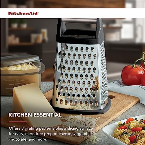 KitchenAid Gourmet Box Grater with Detachable Measuring Container and Lid, Stainless Steel Coarse Medium Fine Grater and Slicer, Dishwasher Safe, Black