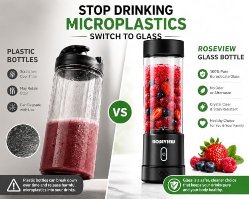 Portable Smoothie blender ROSEVIEW Glass bottle USB rechargeable 200W Power 15Oz 12 blades mini Handheld Ice Shakes Cup blend juicer Cordless blender Personal smoothies maker Fruit mixer - Image 6