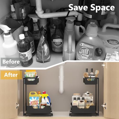 Under Kitchen Sink Organizers and Storage, Black, 2 Pack