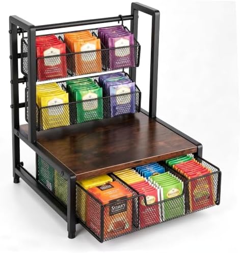 3-Tier Tea Bag Holder Organizer, Metal Tea Station Organizer with Drawer