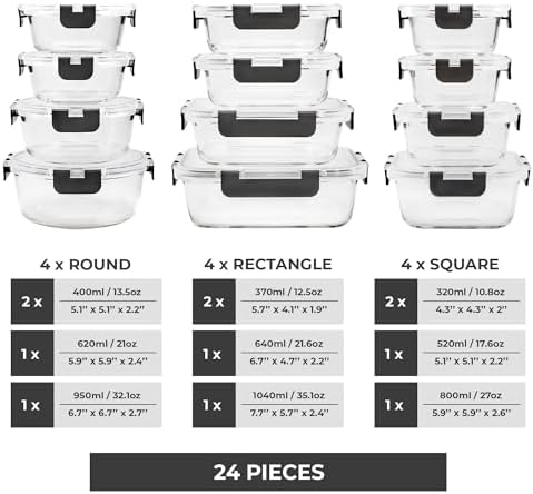 Glass Storage Containers with Lids, 24 Pieces, 12 Containers with 12 Lids, Glass Meal Prep Container for Lunch, Food Storage Containers, Leak Proof, Freezer Safe, Gray