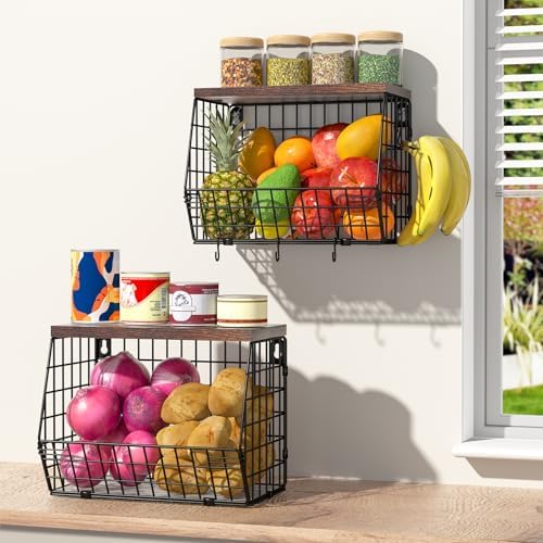 Fruit Basket for Kitchen Counter 2 Tier Fruit Bowl, Stackable Wall Mounted Hanging Fruit Basket Wire Baskets with Wood Lid with 4 Banana Hanger Hooks, Onion Basket, Fruit and Vegetable Storage