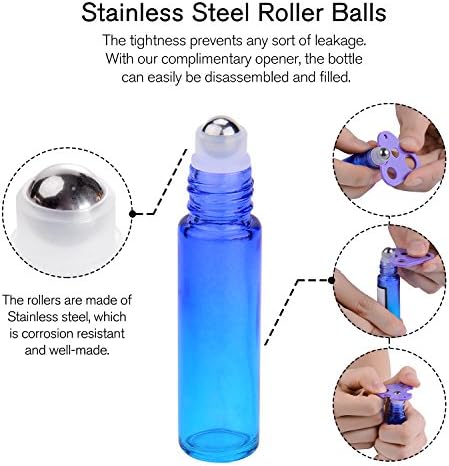 PrettyCare 12 Pack, 10 ml Essential Oil Roller Bottles with Stainless Steel Roller Ball - Refillable Leak-proof Empty Thick Rainbow Glass Roll on Bottles with Metal Caps for Travel, Perfume - Image 3