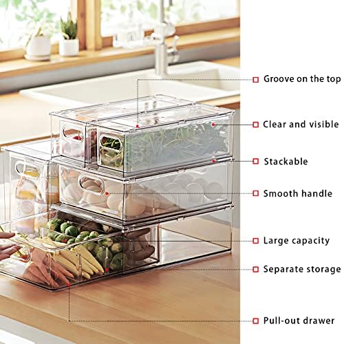 Fridge Drawer Pull Out Stackable Bins with Handle Clear Refrigerator Drawers Organizer Food Storage Container Box Plastic Produce Saver for Pantry, Cabinet, Kitchen, Clothes（4Pack）