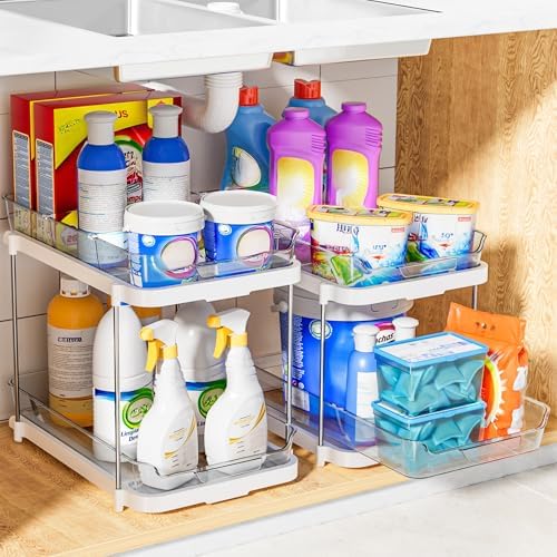 2-Tier Multi-Purpose Bathroom Under Sink Organizers and Storage, Stackable Kitchen Pantry Organization, Pull Out Medicine Cabinet Organizer with Movable Dividers, White, 4Pack