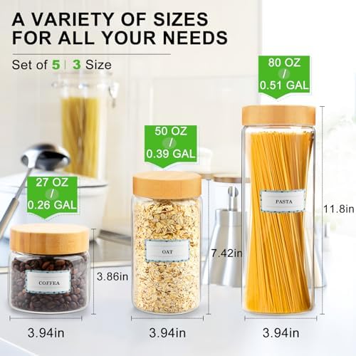 Airtight Glass Jar with Lid, Glass Storage Containers with Screw On Bamboo Lids, for Cookie, Pasta, Cereal Storage Containers, 5Pcs 80oz 50oz 27oz Canisters Sets for the Kitchen