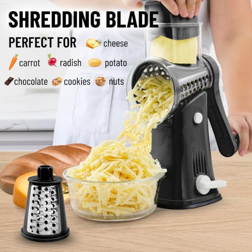 Rotary Cheese Grater Hand Crank, Vegetable Shredder - Black & Chrome