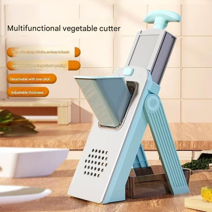 Vegetable Slicer, Stainless Steel, Blue, 4-in-1 Adjustable Food Chopper with Container, Manual Operation, 10.2x4.7x11.8 Inch - Image 3