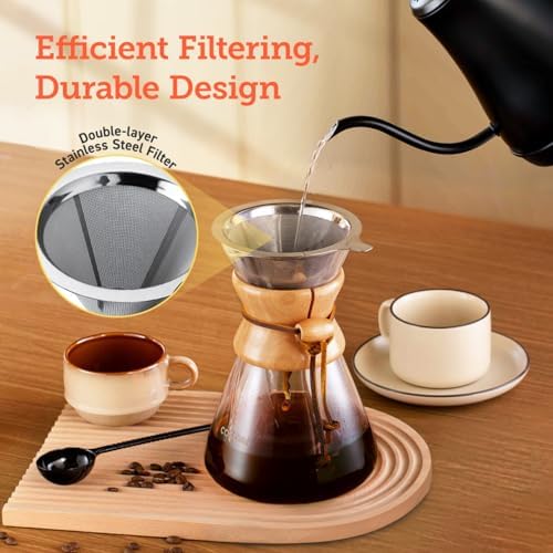 Pour Over Coffee Maker, Double Layer Stainless Steel Filter, 8cup