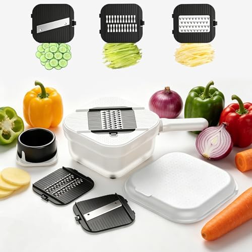 Mandoline Slicer for Kitchen | 4-in-1 Food Chopper with Container & Draining Basket | Vegetable Slicer for Potato, Onion, Carrot | Kitchen Gadgets Sets by Unknown