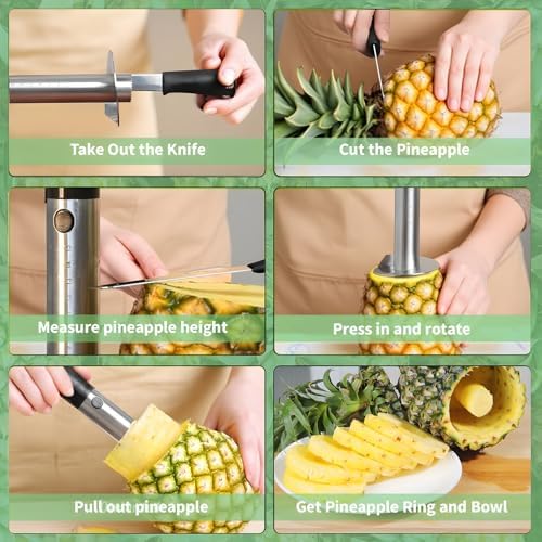 Pineapple Corer and Slicer with Measurement Marks – Stainless Steel Pineapple Cutter for Perfect Pineapple Rings & Effortless Cutting (Black)