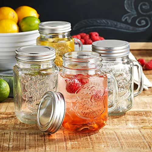 Mason Drinking Jars – Set of 4, 15.25 Oz Clear Glass Jar with Handle and Lid. – Ice-Cold Drink Glassware Logo – Glass Mugs Ideal for Cold Beverages, Juice, Smoothie, Cocktails.