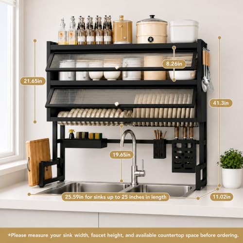 Over The Sink Dish Drying Rack (Black L-25.59in, Double-Layer)