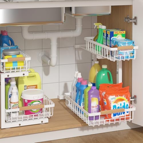Under Sink Organizer 2 Packs, Pull Out Kitchen Sink Organizer, 2 Tier Slide Out Kitchen Organizers and Storage Bathroom Under Cabinet Storage Shelf, White