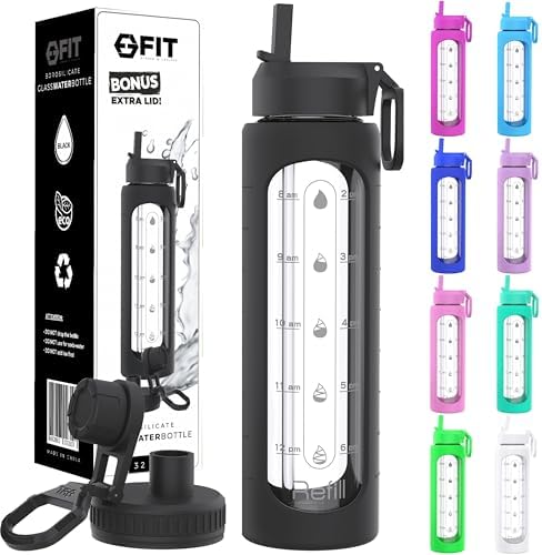 32 oz Glass Water Bottle with Straw Lid - Wide Mouth Borosilicate Glass Water Bottles with Time Marker, Silicone Sleeve & Extra Lid - 1L Large Motivational Drinking Bottle