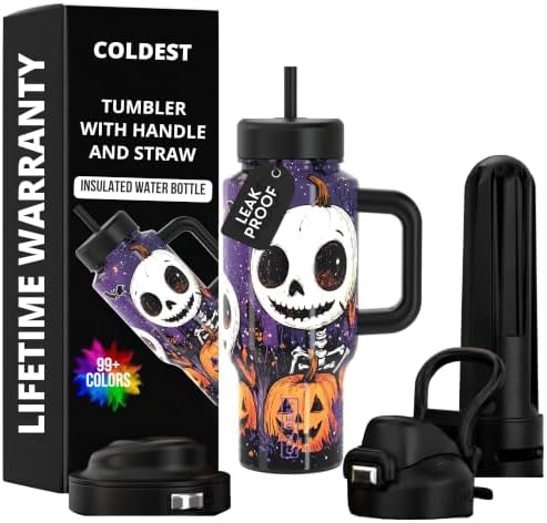 Coldest Tumbler with Handle & Coffee Lid - 100% Spill Proof Tumbler (3 Lids) - Stainless Steel Insulated Leakproof Tumblers for Women & Men - Cup Holder Friendly - 24 oz (Dealthy Pumkin Heads) by Coldest