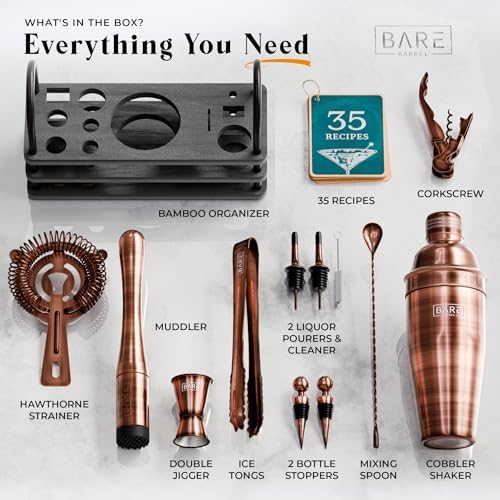 Mixology Bartender Kit Bar Set | 14-Piece Cocktail Shaker Set | Martini Barware Mixing Tools for Home Bartending | 35 Recipe Cards | Gift Set (24oz Cobbler Shaker, Copper/Black)