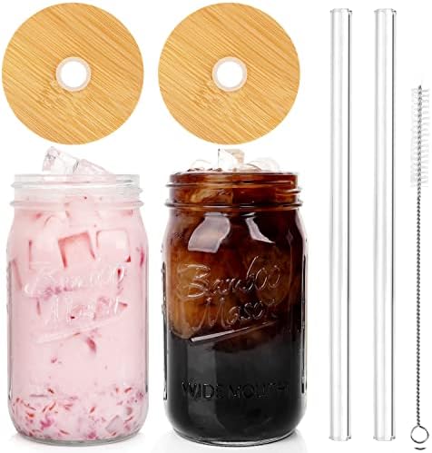 Mason Jar with Lid and Straw, 32oz Wide Mouth Cup Reusable Drinking Glasses Tumbler Smoothie Water Bottles for Iced Coffee Margaritas Ice Cream Juice Cocktail Christmas Gifts