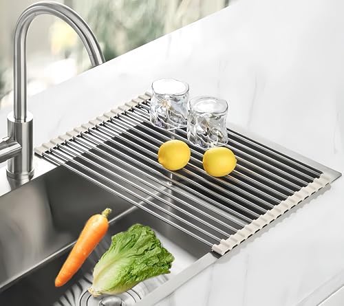 Roll Up Dish Drying Rack, 17.7" x 15.5" Over The Sink Dish Drying Rack, Dish Drying Rack for Kitchen Sink Counter Storage (Grey)