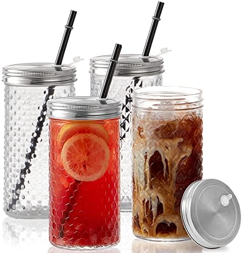 4Pack Glass Tumblers with Stainless Steel Lids and Straws, 24 OZ Wide Mouth Mason Jar Drinking Glasses for Iced Coffee/Tea, Juices and Cocktail, Travel Glass Bottles with Varitey of Patterns