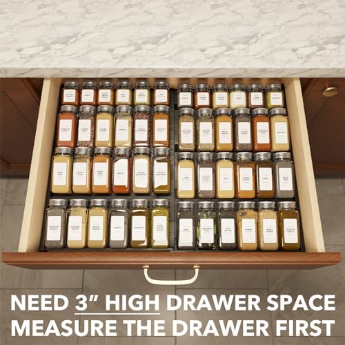 Bamboo Black Spice Drawer Organizer, (Need 3" Deep Drawer) Expandable 4 Tier Spices Rack for Cabinet, Kitchen Seasoning Storage Insert (Jars Not Included, From 12" to 23" Wide)