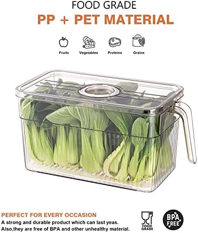 2 Pack Plastic Food Storage Produce Containers for Fridge, Stackable Lettuce Keeper for Refrigerator with Removable Drain Tray Keep Fresh for Vegetables/Fruit/Berry/Salad - 10'' x 5.3'' x 5.2''