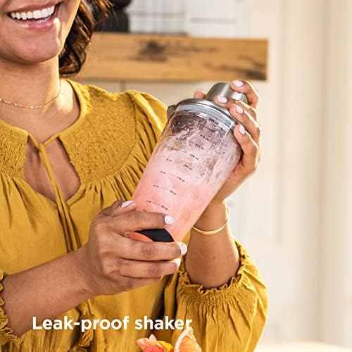 18 oz Glass Cocktail Shaker with Printed Measurements, Multi-Use Stainless Steel Topper with 1.5 oz Jigger Cap and Strainer, 3.94 x 3.54 x 9.06 IN