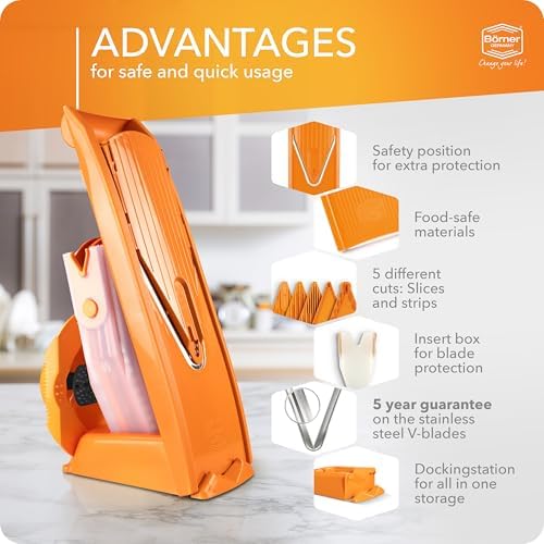 Mandoline Food Slicer Börner V1 (Profi Set) by Reston Lloyd • V-Slicer with 4 Inserts, Docking Station & Food Holder • Made in Germany • Fruit & Vegetable Chopper • Multiple Settings • Color: Orange - Image 4