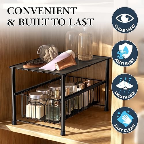 Wired Stackable Under Sink Cabinet Sliding Basket, Black